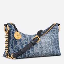 Replica Dior Diorstar Hobo Bag with Chain Blue Denim Oblique Jacquard