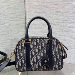 Replica Dior D-Vibe Bowling Medium Bag Blue Oblique Jacquard
