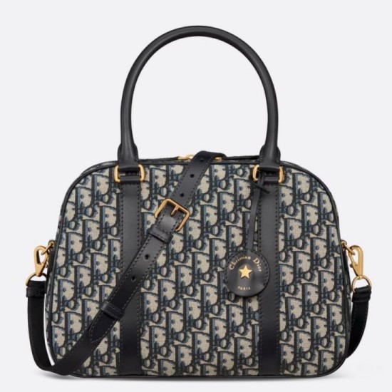 Fake Dior D-Vibe Bowling Large Bag Blue Oblique Jacquard Replica Replica Dior D-Vibe Bowling Large Bag Blue Oblique Jacquard