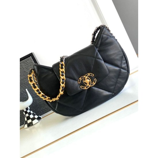 Replica Chanel 19 Lambskin Hobo Bag Black AS4638