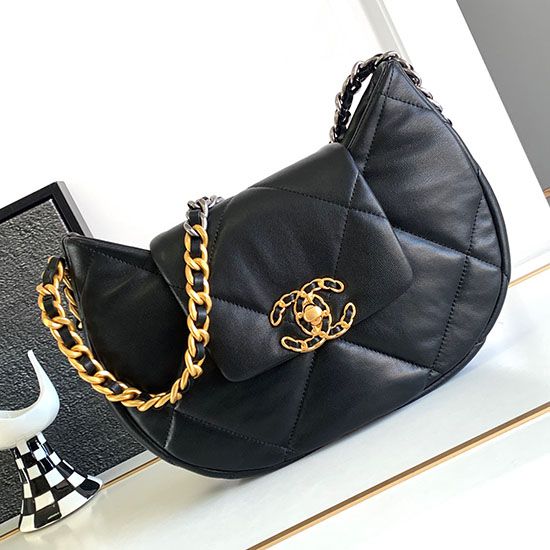 Replica Chanel 19 Lambskin Hobo Bag Black AS4638