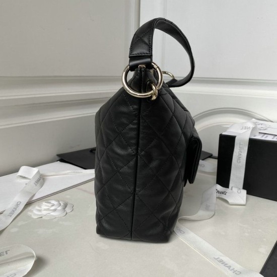 Replica Small Chanel Calfskin Hobo Bag Black AS4347