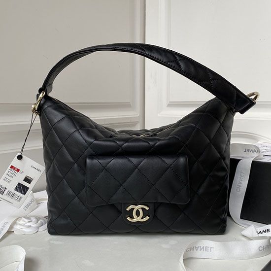 Replica Small Chanel Calfskin Hobo Bag Black AS4347
