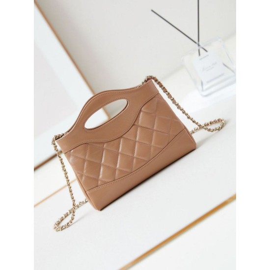 Fake Chanel 31 Mini Shopping Bag Chain Clutch Shiny AS3656 Beige Replica
