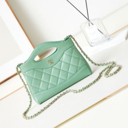 Fake Chanel 31 Mini Shopping Bag Chain Clutch Shiny AS3656 Light Green Replica