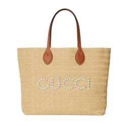 Replica Gucci Medium Straw-Effect Tote 779666 Apricot