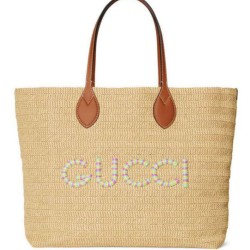 Replica Gucci Medium Straw-Effect Tote 779666 Apricot