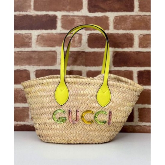 Fake Gucci Mini Straw Tote With Gucci Logo 782381 Yellow Replica