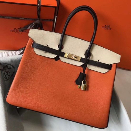 Replica Hermes Tri-Color Birkin 35cm Bag Orange/White/Black Clemence Fake Hermes Tri-Color Birkin 35cm Bag Orange/White/Black Clemence Replica