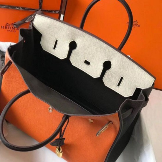Replica Hermes Tri-Color Birkin 35cm Bag Orange/White/Black Clemence Fake Hermes Tri-Color Birkin 35cm Bag Orange/White/Black Clemence Replica