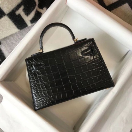 Fake Hermes Kelly Mini II Bag Black Embossed Crocodile Replica Fake Hermes Kelly Mini II Bag Black Embossed Crocodile Replica