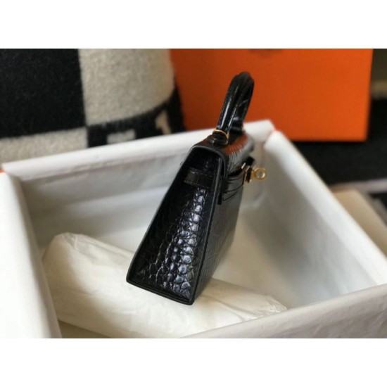 Fake Hermes Kelly Mini II Bag Black Embossed Crocodile Replica Fake Hermes Kelly Mini II Bag Black Embossed Crocodile Replica
