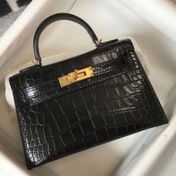 Fake Hermes Kelly Mini II Bag Black Embossed Crocodile  Replica