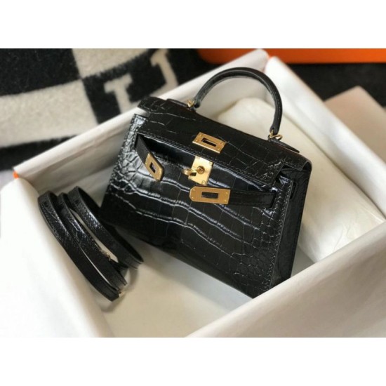 Fake Hermes Kelly Mini II Bag Black Embossed Crocodile Replica Fake Hermes Kelly Mini II Bag Black Embossed Crocodile Replica