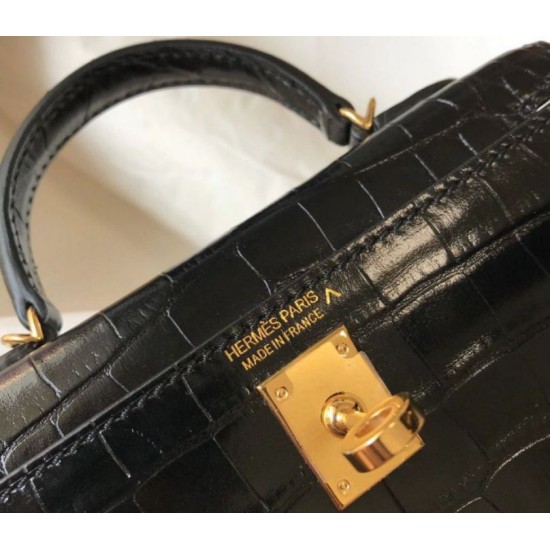 Fake Hermes Kelly Mini II Bag Black Embossed Crocodile Replica Fake Hermes Kelly Mini II Bag Black Embossed Crocodile Replica