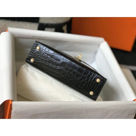 Fake Hermes Kelly Mini II Bag Black Embossed Crocodile Replica Fake Hermes Kelly Mini II Bag Black Embossed Crocodile Replica
