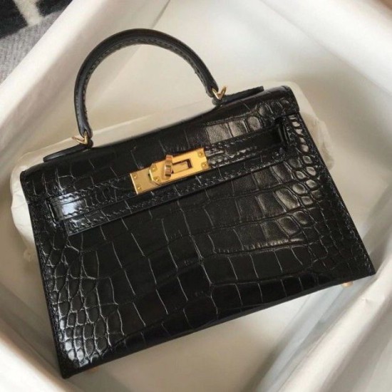 Fake Hermes Kelly Mini II Bag Black Embossed Crocodile Replica Fake Hermes Kelly Mini II Bag Black Embossed Crocodile Replica