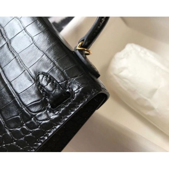 Fake Hermes Kelly Mini II Bag Black Embossed Crocodile Replica Fake Hermes Kelly Mini II Bag Black Embossed Crocodile Replica