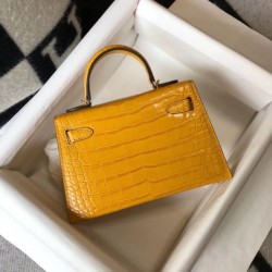 Replica Hermes Kelly Mini II Bag Yellow Embossed Crocodile 
