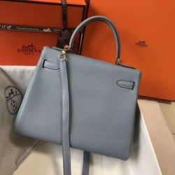 Replica Hermes Kelly 28cm Retourne Bag Blue Lin Clemence 