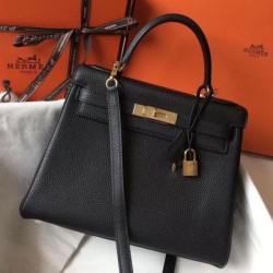 Fake Hermes Kelly 28cm Retourne Bag Black Clemence  Replica