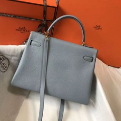Replica Hermes Kelly 32cm Retourne Bag Blue Lin Clemence 