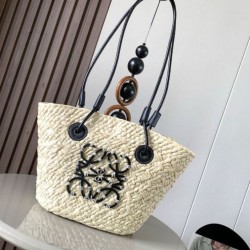 Replica Loewe Small Anagram Basket Bag Iraca Palm and Black Calfskin