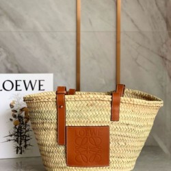 Replica Loewe Medium Basket Bag Raffia and Brown Calfskin