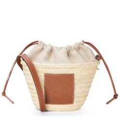 Fake Loewe Drawstring Bucket Bag Palm Leaf and Brown Calfskin Replica