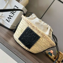 Replica Loewe Drawstring Bucket Bag Palm Leaf and Black Calfskin