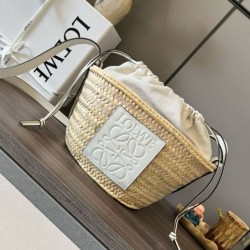 Replica Loewe Drawstring Bucket Bag Palm Leaf and White Calfskin