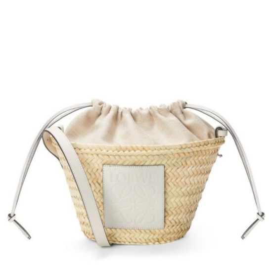 Fake Loewe Drawstring Bucket Bag Palm Leaf and White Calfskin Replica Replica Loewe Drawstring Bucket Bag Palm Leaf and White Calfskin