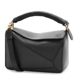 Fake Loewe Puzzle Small Bag Black Calfskin with Woven Handle Replica