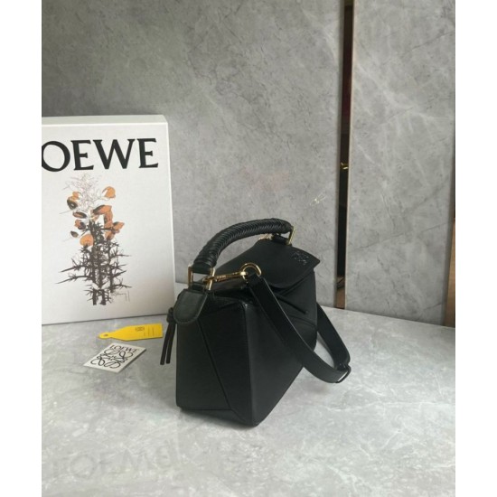Replica Loewe Puzzle Small Bag Black Calfskin with Woven Handle Fake Loewe Puzzle Small Bag Black Calfskin with Woven Handle Replica