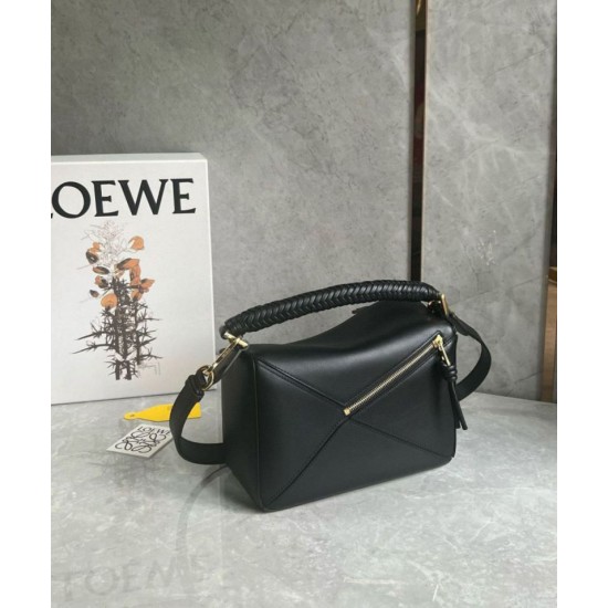 Replica Loewe Puzzle Small Bag Black Calfskin with Woven Handle Fake Loewe Puzzle Small Bag Black Calfskin with Woven Handle Replica