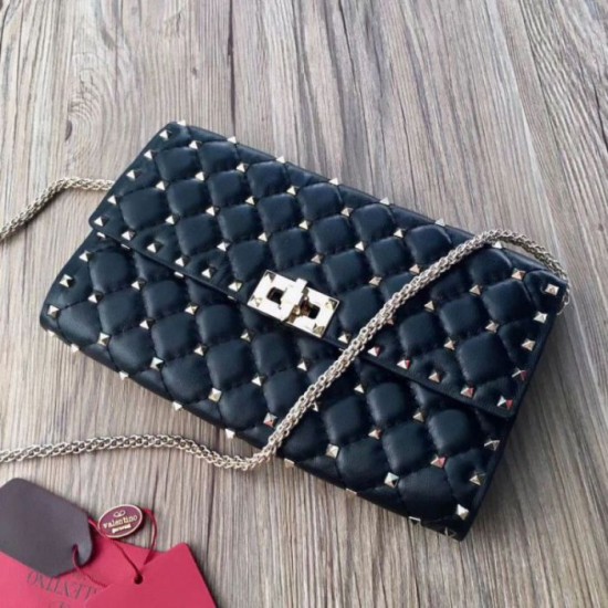 Fake Valentino Rockstud Spike Chain Clutch Black Lambskin Replica Replica Valentino Rockstud Spike Chain Clutch Black Lambskin