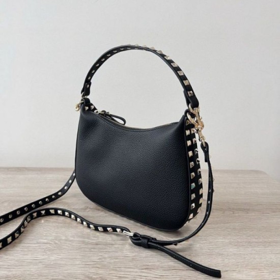 Replica Valentino Rockstud Small Hobo Bag Black Grainy Calfskin Fake Valentino Rockstud Small Hobo Bag Black Grainy Calfskin Replica