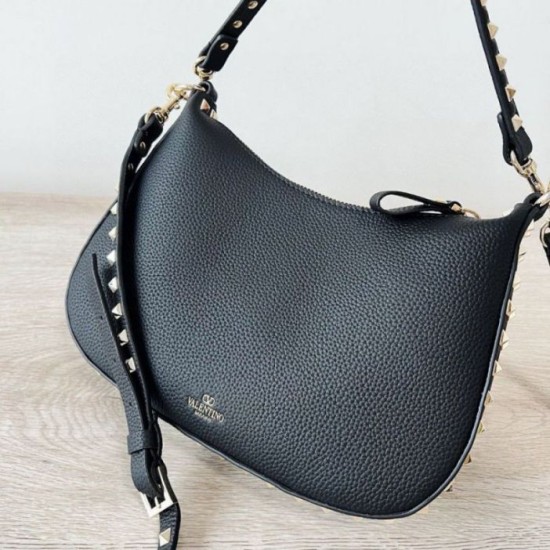 Replica Valentino Rockstud Small Hobo Bag Black Grainy Calfskin Fake Valentino Rockstud Small Hobo Bag Black Grainy Calfskin Replica