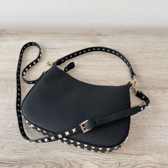 Replica Valentino Rockstud Small Hobo Bag Black Grainy Calfskin Fake Valentino Rockstud Small Hobo Bag Black Grainy Calfskin Replica