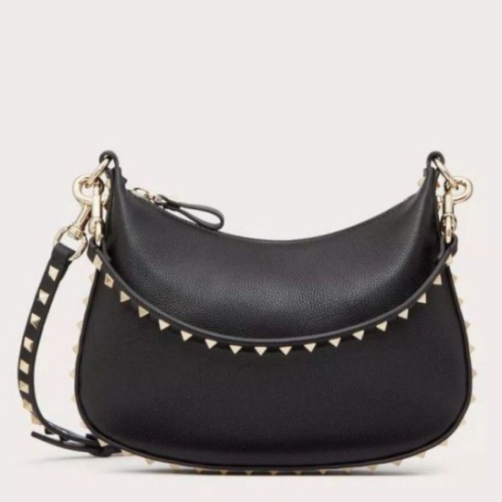 Replica Valentino Rockstud Small Hobo Bag Black Grainy Calfskin Fake Valentino Rockstud Small Hobo Bag Black Grainy Calfskin Replica