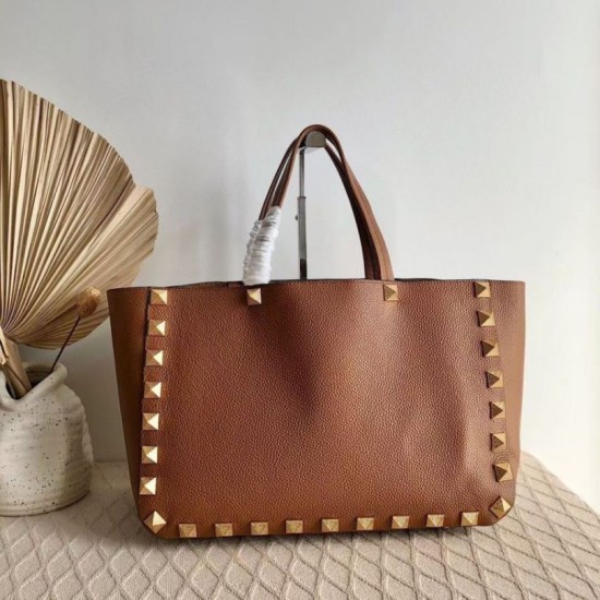 Fake Valentino Roman Stud Tote Bag Brown Grainy Calfskin Replica Fake Valentino Roman Stud Tote Bag Brown Grainy Calfskin Replica