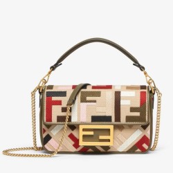Fake Fendi Baguette Mini Bag in Canvas with Multicolor FF Embroidery Replica