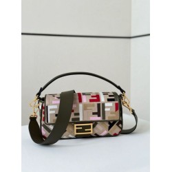 Fake Fendi Baguette Medium Bag in Canvas with Multicolor FF Embroidery Replica Fake Fendi Baguette Medium Bag in Canvas with Multicolor FF Embroidery Replica