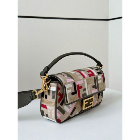 Fake Fendi Baguette Medium Bag in Canvas with Multicolor FF Embroidery Replica Fake Fendi Baguette Medium Bag in Canvas with Multicolor FF Embroidery Replica