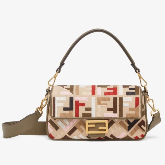Fake Fendi Baguette Medium Bag in Canvas with Multicolor FF Embroidery Replica Fake Fendi Baguette Medium Bag in Canvas with Multicolor FF Embroidery Replica
