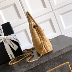 Replica Chanel Kelly Tote Handbag Raffia Apricot AS4416