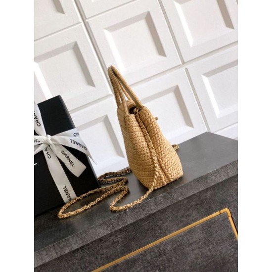 Replica Chanel Kelly Tote Handbag Raffia Apricot AS4416