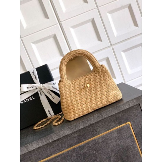 Replica Chanel Kelly Tote Handbag Raffia Apricot AS4416
