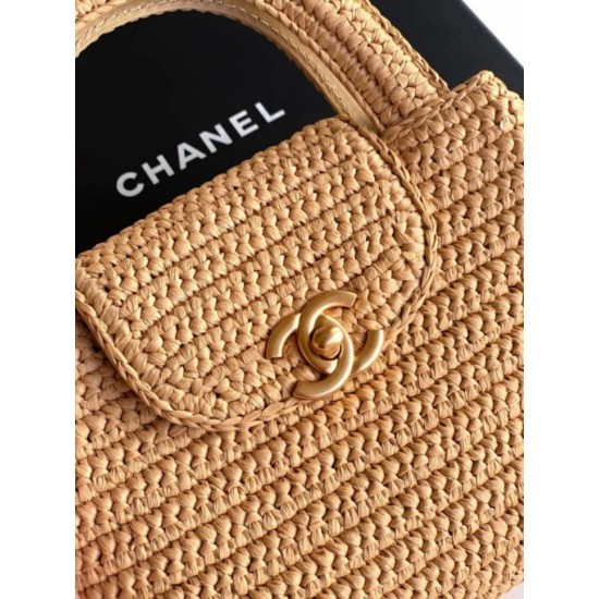 Replica Chanel Kelly Tote Handbag Raffia Apricot AS4416
