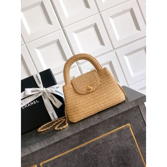 Replica Chanel Kelly Tote Handbag Raffia Apricot AS4416